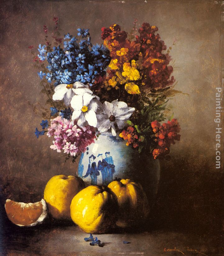 A Still Life with a Vase of Flowers and Fruit painting - Germain Theodure Clement Ribot A Still Life with a Vase of Flowers and Fruit art painting